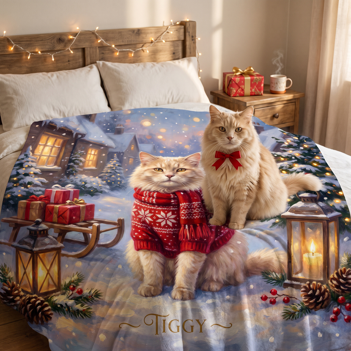 Christmas Snowy Village pet portrait king size fleece throw being enjoyed