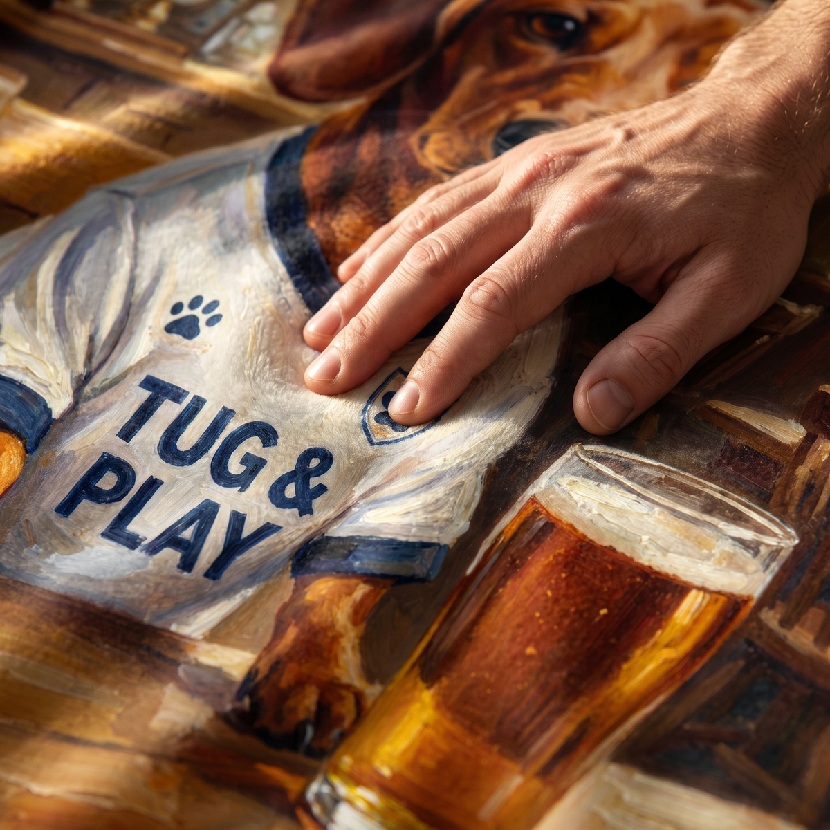 Close up of a hand on the ultra soft plush fleece showing the Pawtenham Hotspur print