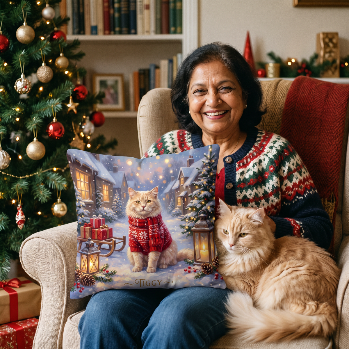 Christmas Snowy Village pet portrait cushion 26cm x 26cm being enjoyed at home