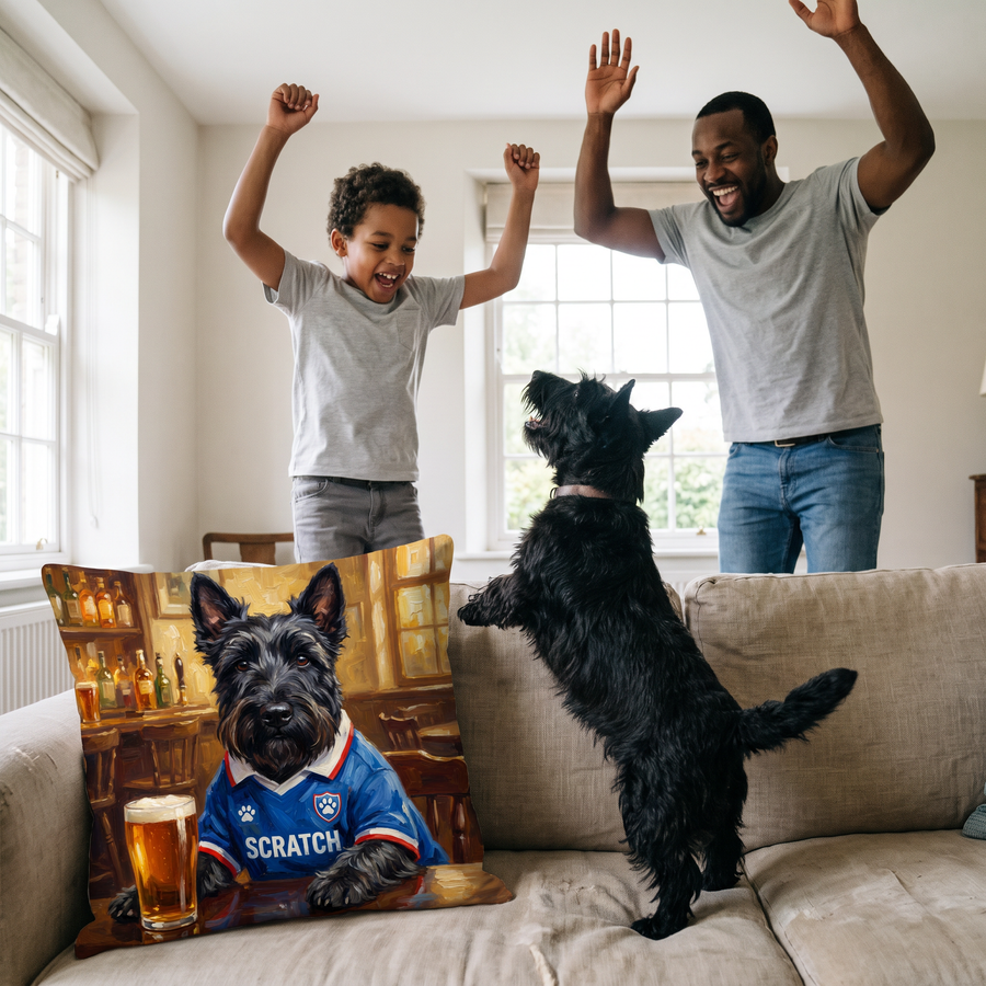Glasgow Wrangers pet portrait cushion 45cm x 45cm in a family home with the real pet