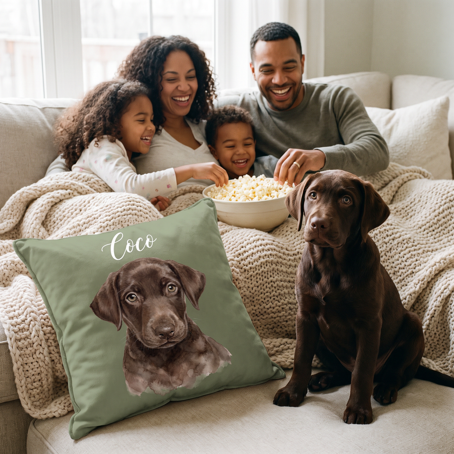 Watercolour pet portrait cushion 45cm x 45cm in a family home with the real pet