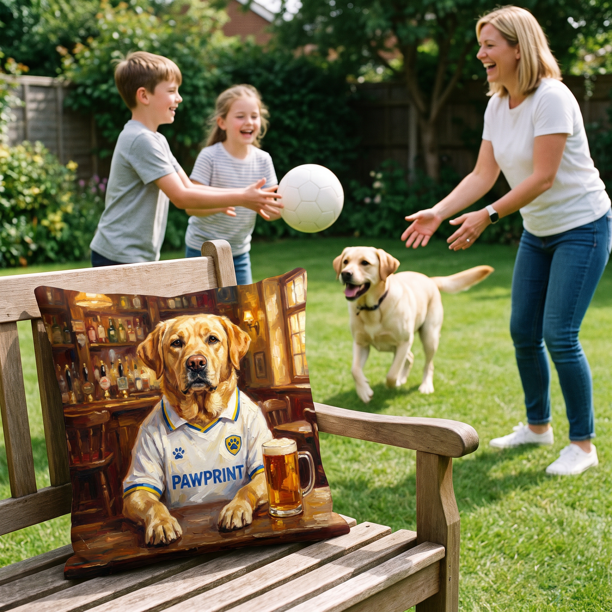 Leads United pet portrait cushion 45cm x 45cm in a family home with the real pet