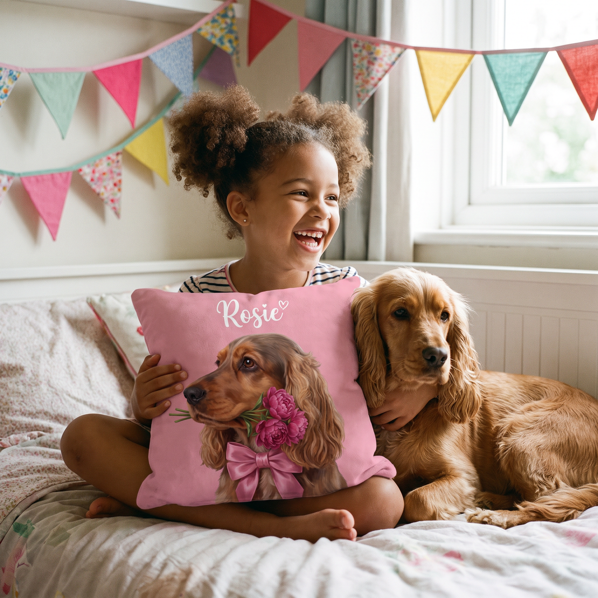 Sweetheart pet portrait cushion 26cm x 26cm being enjoyed at home
