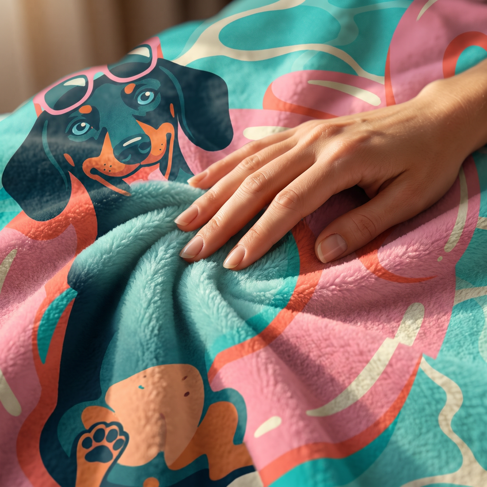Close up of a hand on the ultra soft plush fleece showing the retro pool club print