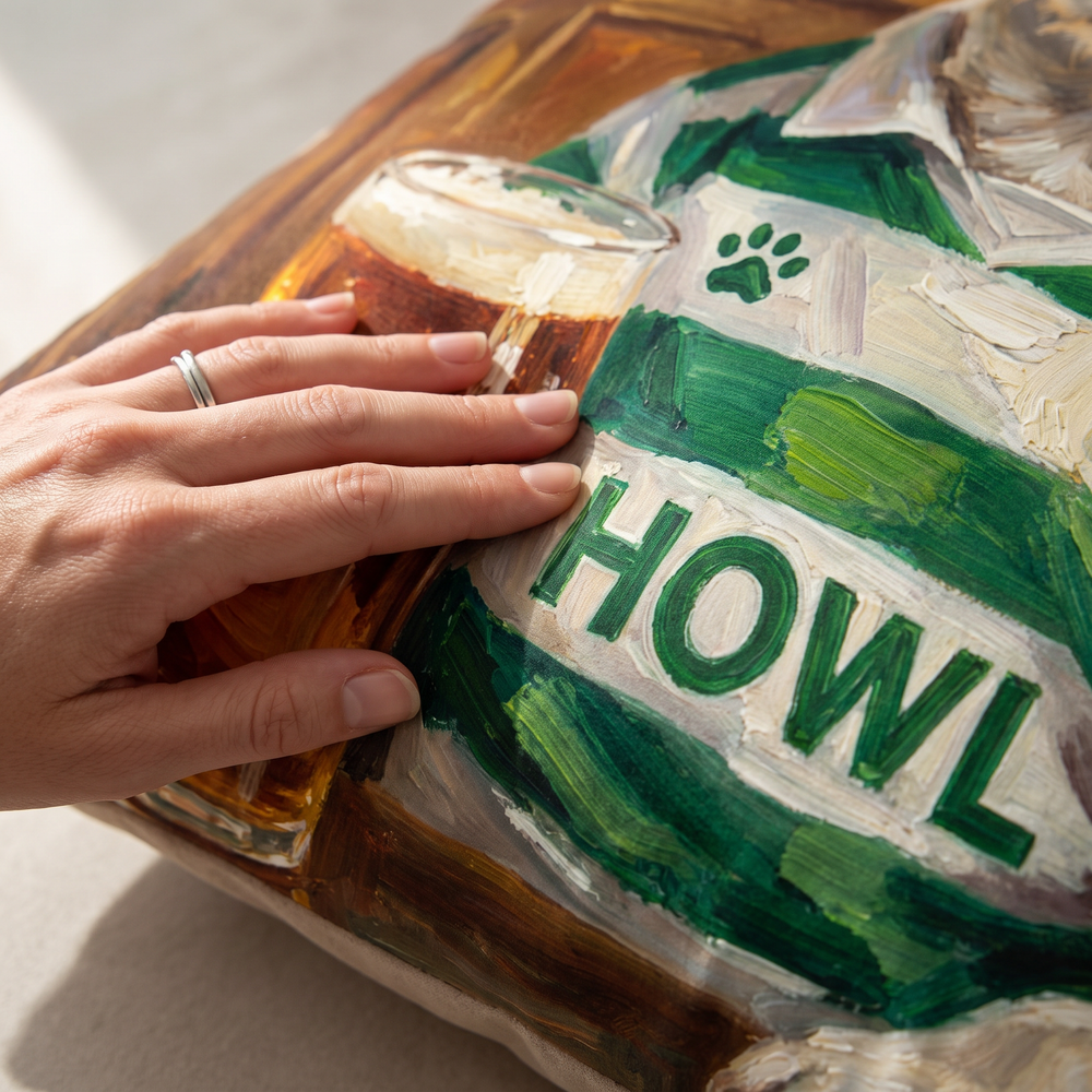 Close up of a hand on the soft-touch faux suede showing the Celtick print