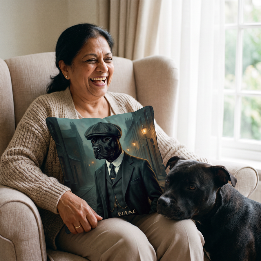 1920s Flat Cap pet portrait cushion 26cm x 26cm being enjoyed at home