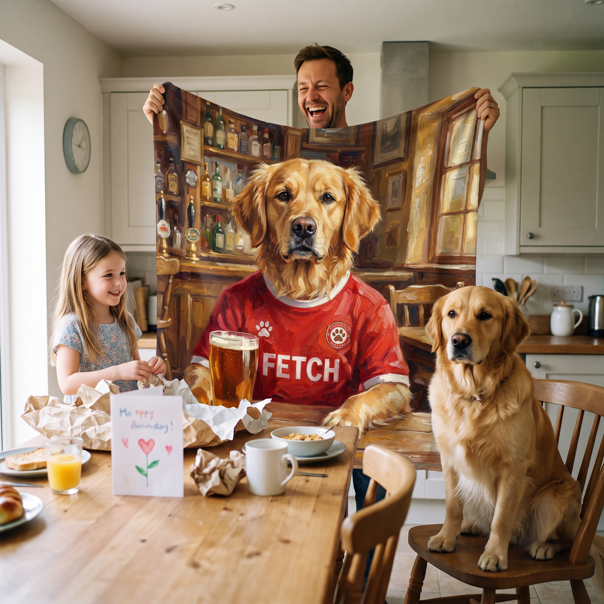 Liverpaw pet portrait king size fleece throw being enjoyed
