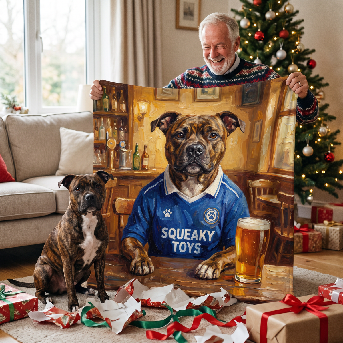 Chewsea pet portrait king size fleece throw being enjoyed