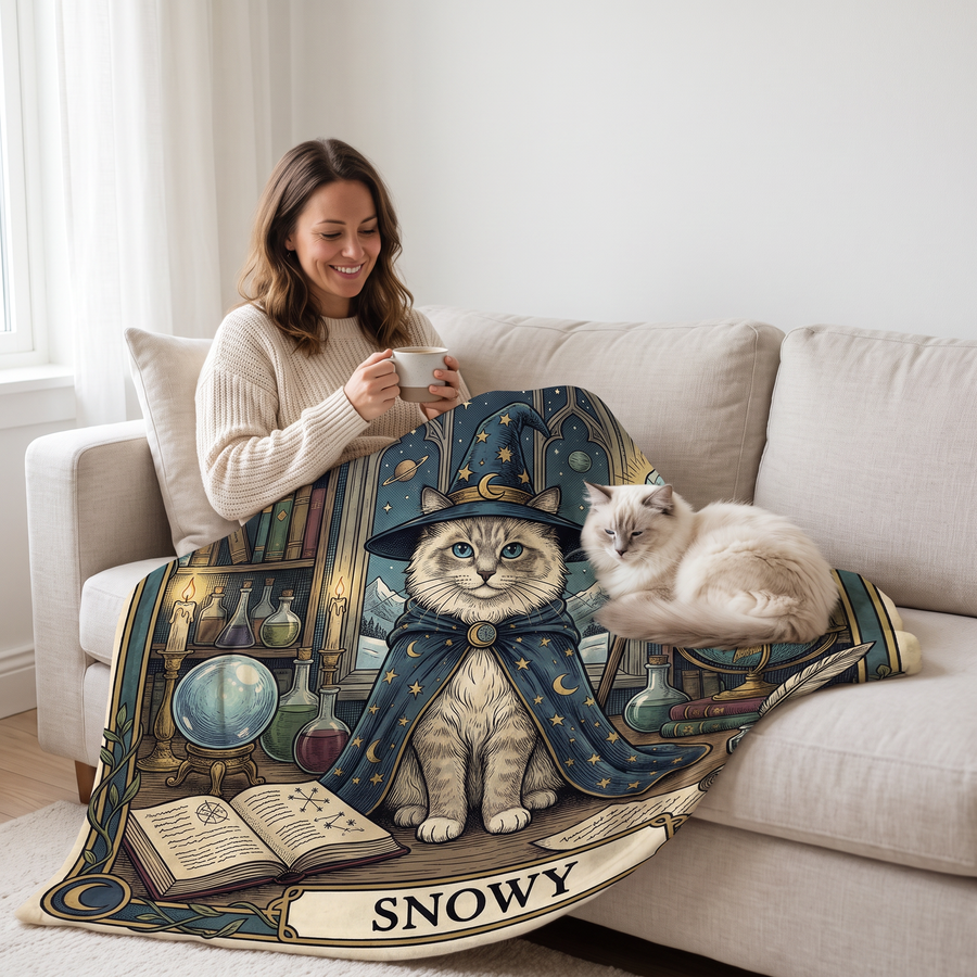 Tarot Card pet portrait fleece blanket in a cosy lifestyle setting