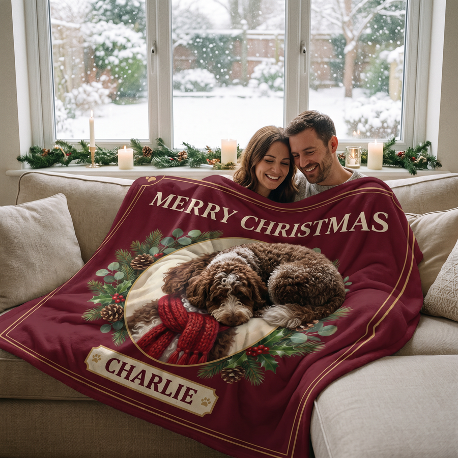 Christmas Card pet portrait fleece blanket in a cosy lifestyle setting