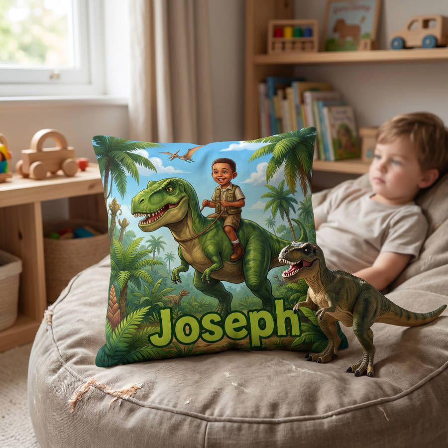 Dino Rider portrait cushion 26cm x 26cm being enjoyed at home