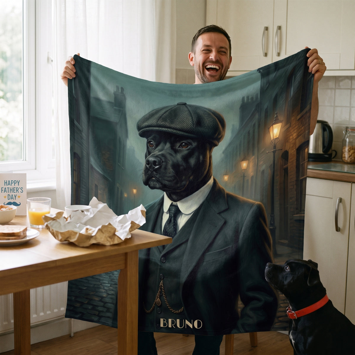 1920s Flat Cap pet portrait king size fleece throw being enjoyed