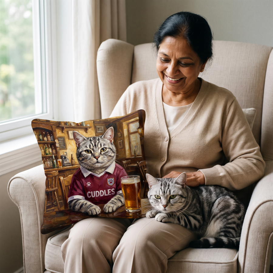 Heart of Midpawthian pet portrait cushion 26cm x 26cm being enjoyed at home