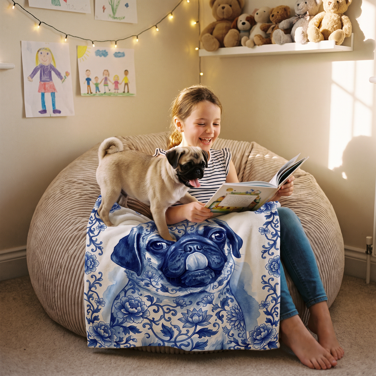 Girl with a lap size pug portrait blanket and her pug puppy