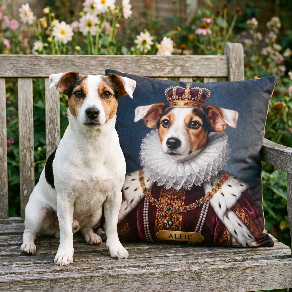 Royal personalised pet cushion with the real pet