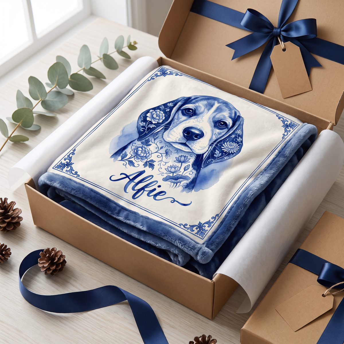 Pet portrait fleece blanket folded in a gift box