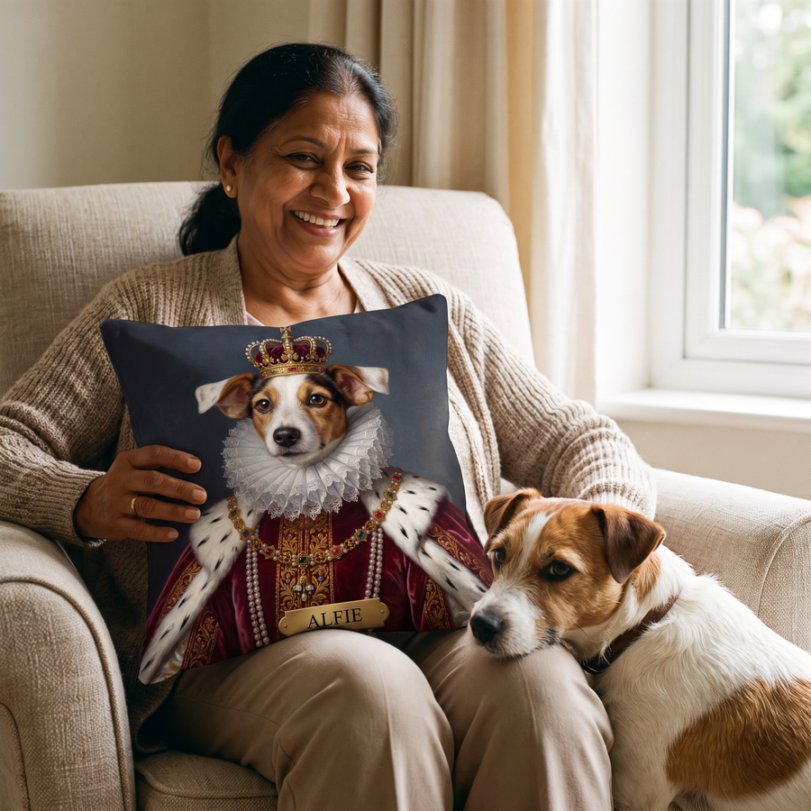 Royal pet portrait cushion 26cm x 26cm being enjoyed at home