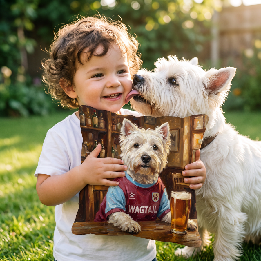 Westie Ham United pet portrait cushion 26cm x 26cm being enjoyed at home