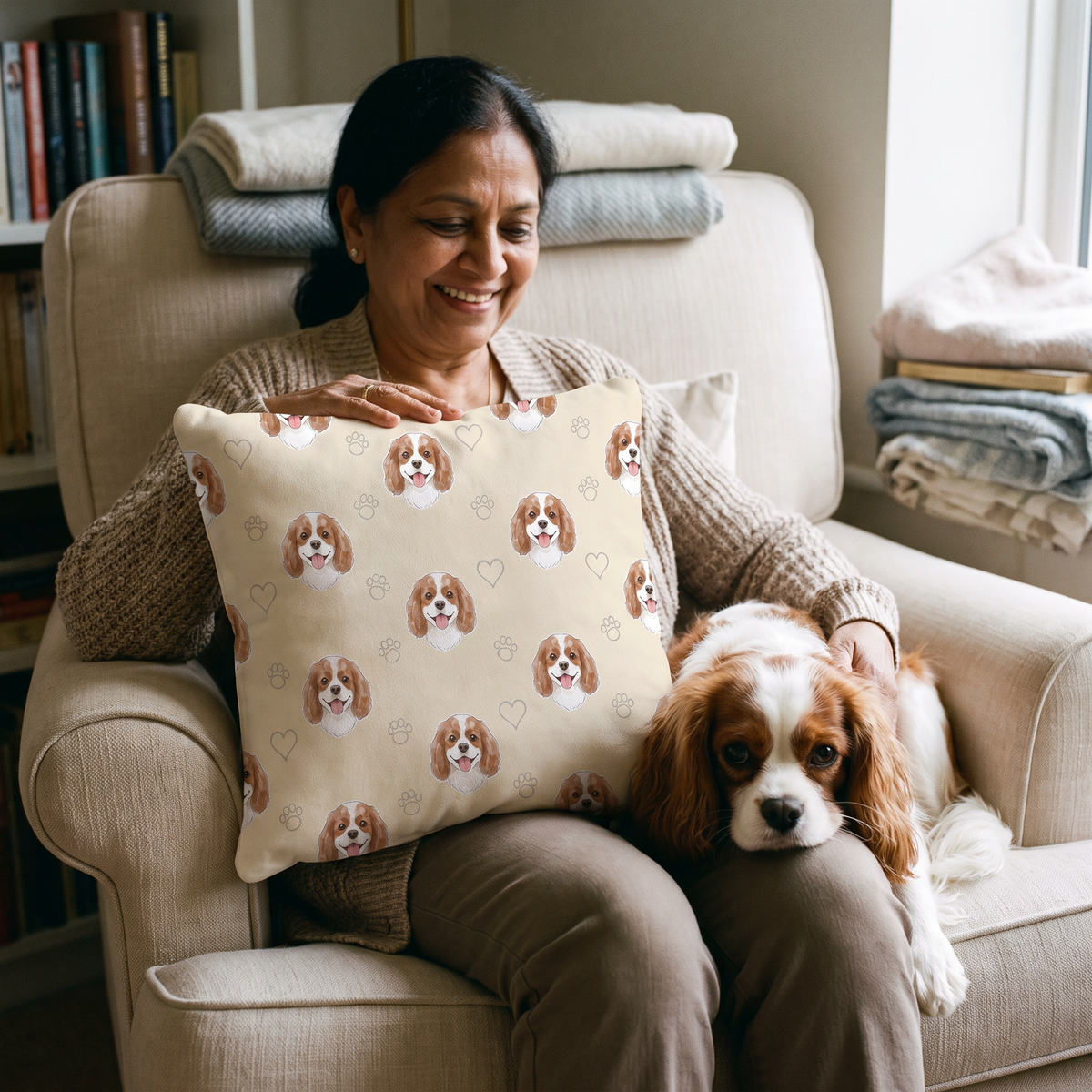 Watercolour Pattern pet portrait cushion 26cm x 26cm being enjoyed at home