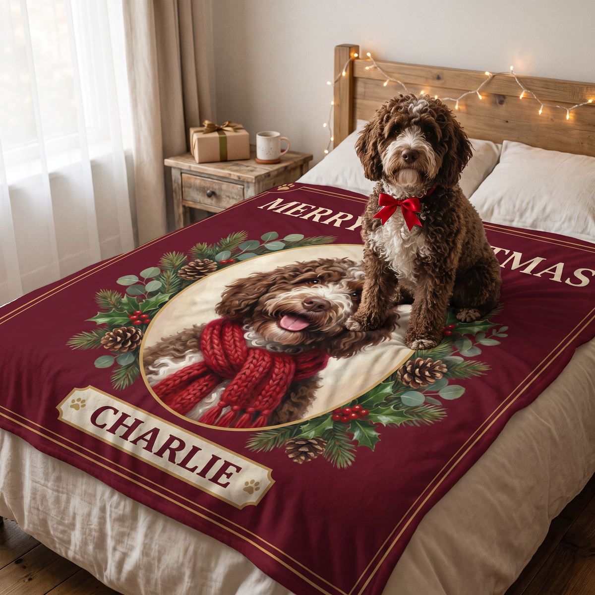 Christmas Card pet portrait king size fleece throw being enjoyed