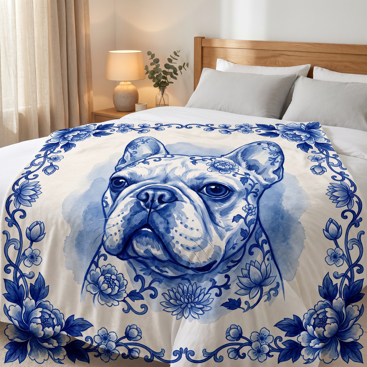 Pet portrait fleece blanket laid flat on a double bed