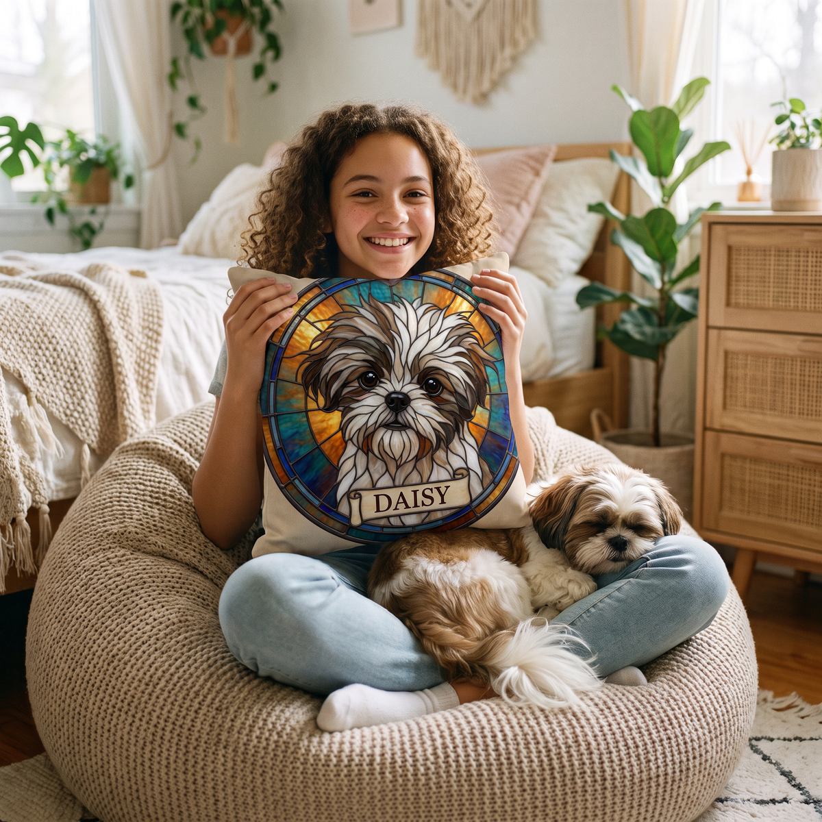 Stained Glass pet portrait cushion 26cm x 26cm being enjoyed at home