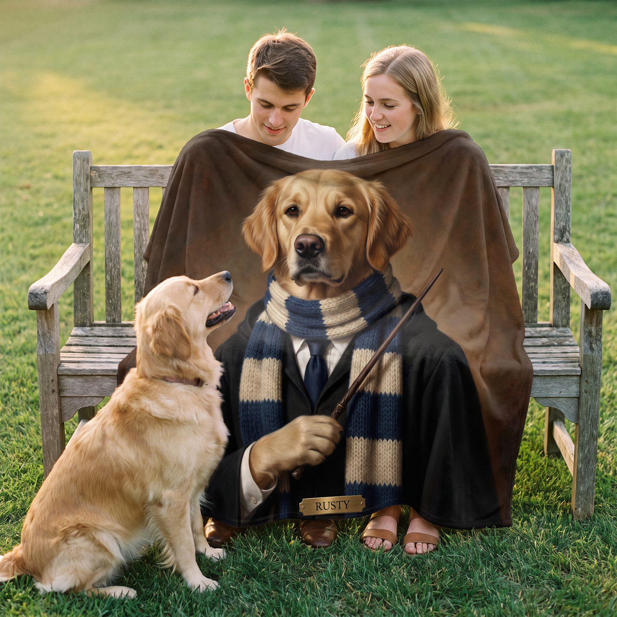 Wizard School pet portrait king size fleece throw being enjoyed