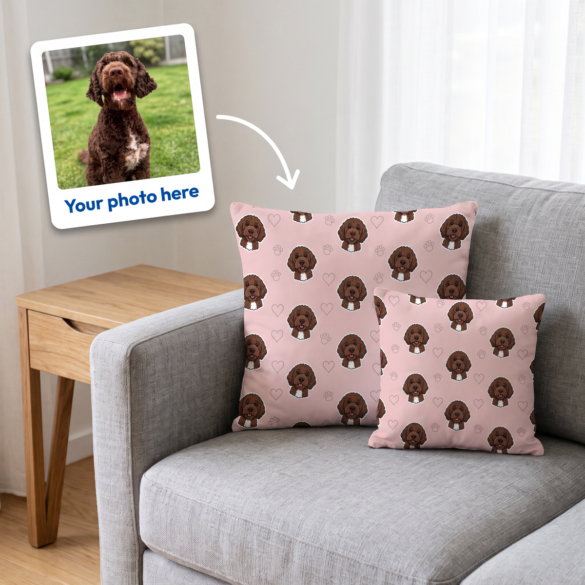 Your photo here - your pet's photo turned into a Doodle Pattern portrait on a personalised cushion