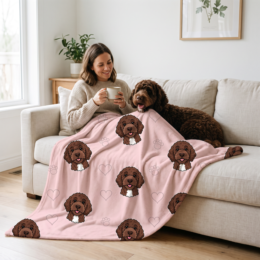 Doodle Pattern pet portrait fleece blanket in a cosy lifestyle setting
