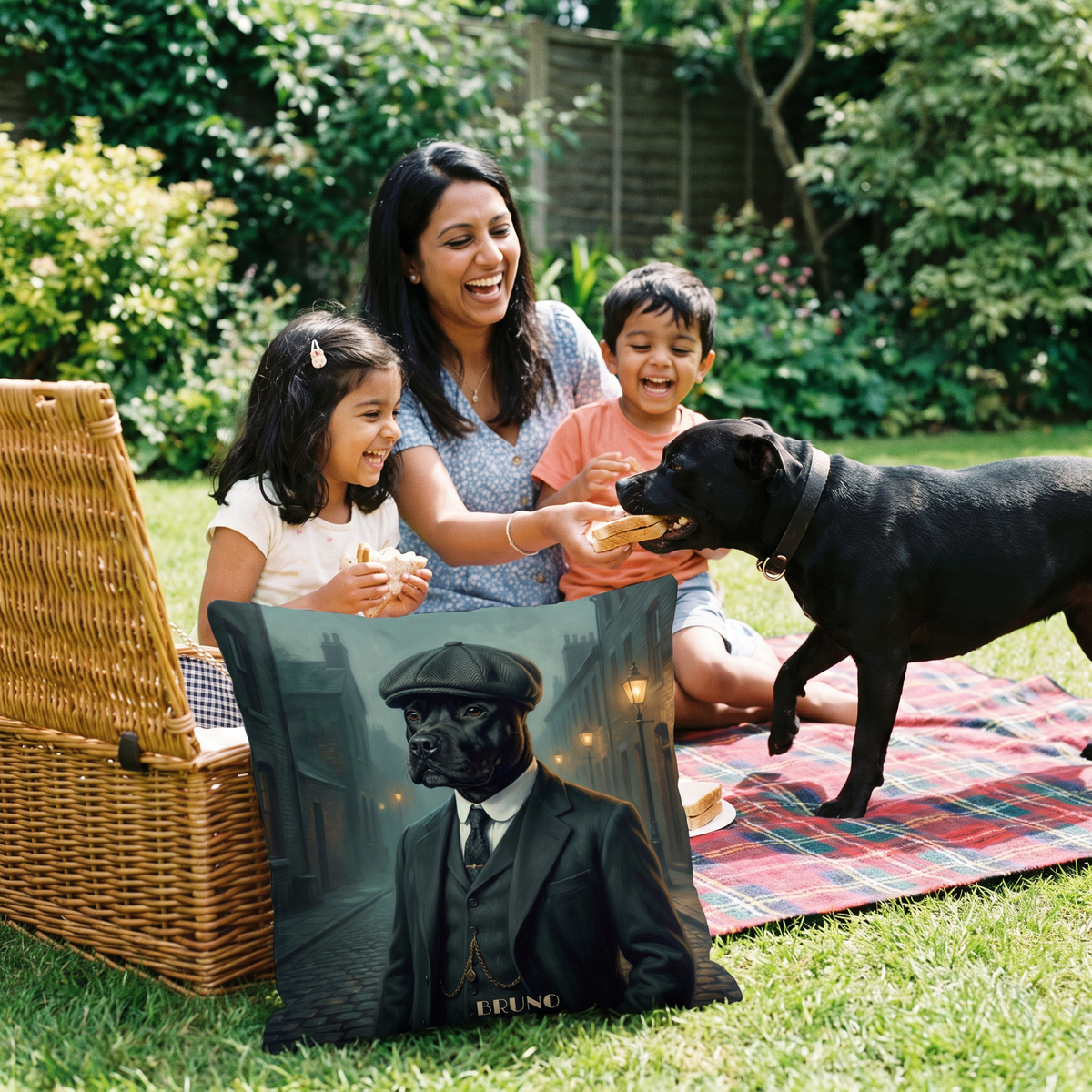 1920s Flat Cap pet portrait cushion 45cm x 45cm in a family home with the real pet