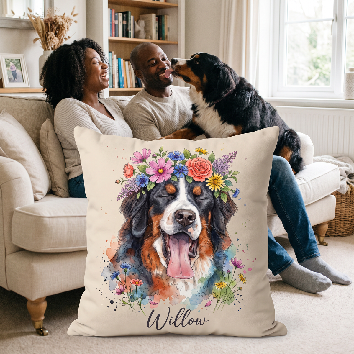 Flower Crown pet portrait cushion 45cm x 45cm in a family home with the real pet