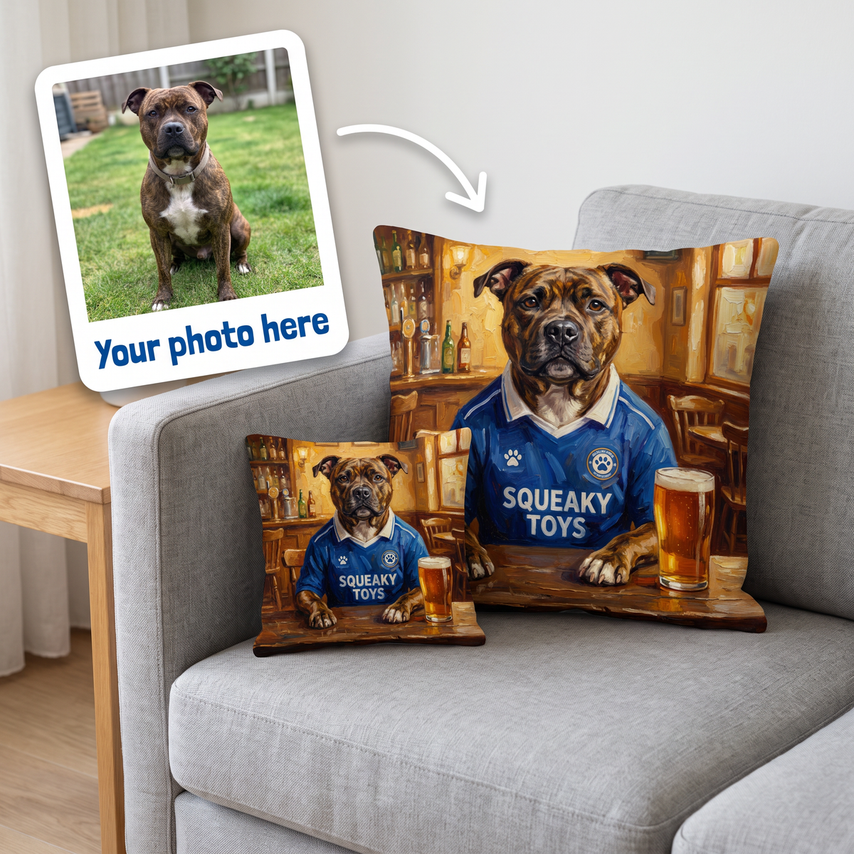 Your photo here - your pet's photo turned into a Chewsea portrait on a personalised cushion