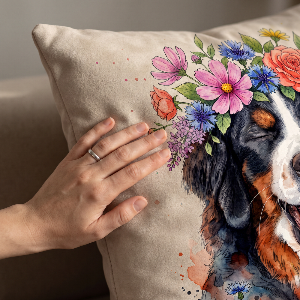 Close up of a hand on the soft-touch faux suede showing the Flower Crown print