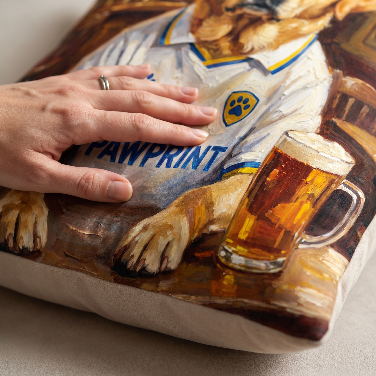 Close up of a hand on the soft-touch faux suede showing the Leads United print