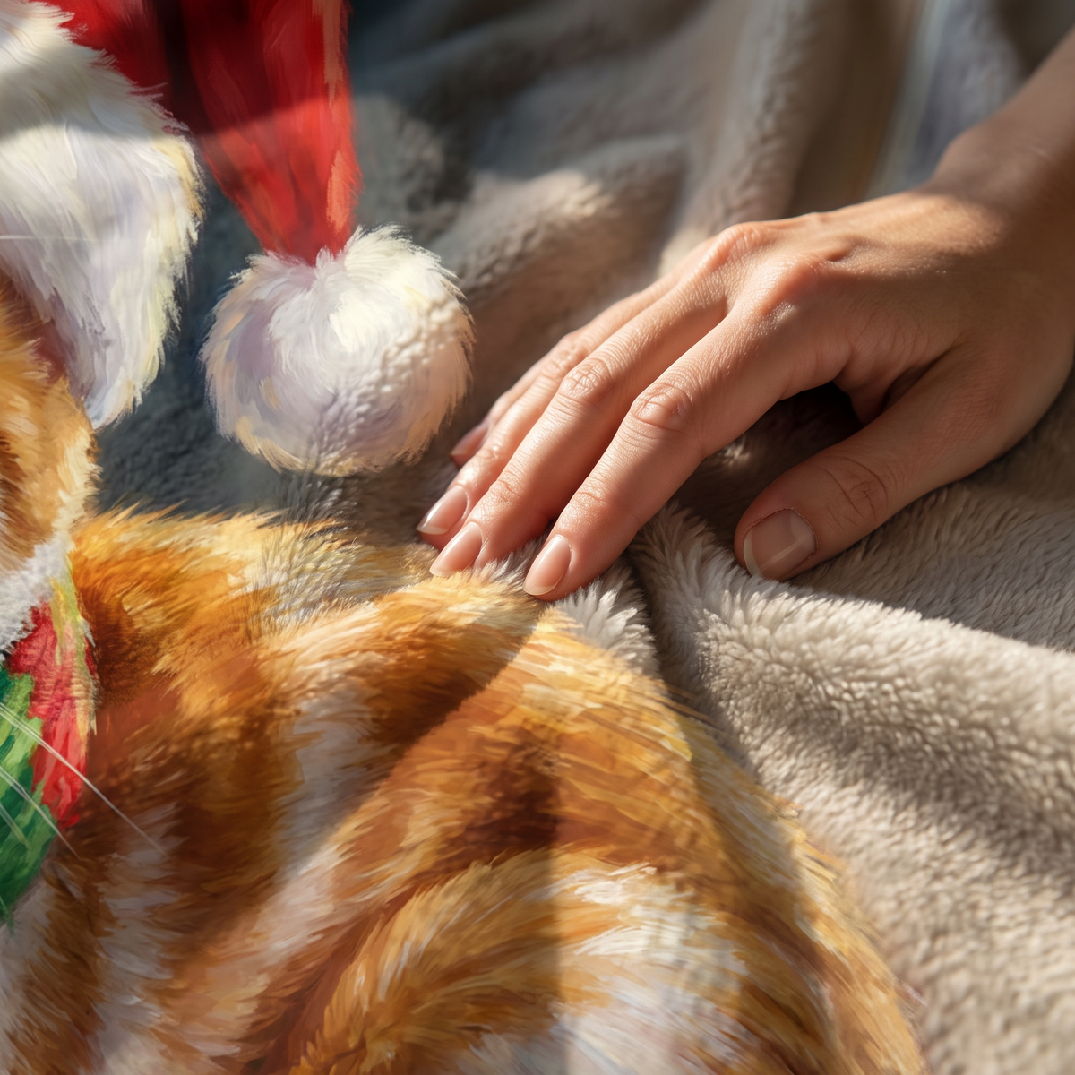 Close up of a hand on the ultra soft plush fleece showing the Christmas Santa Hat print