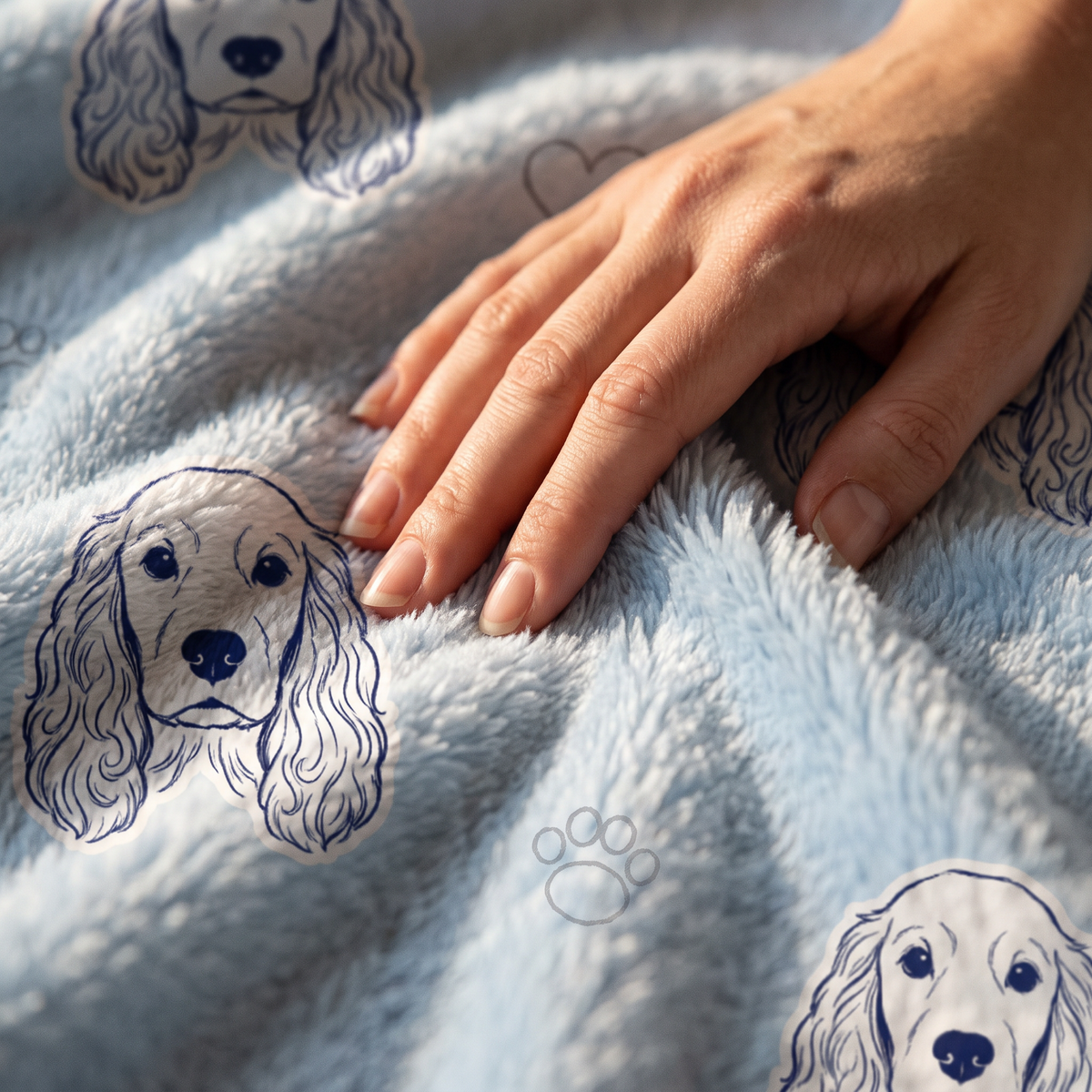 Close up of a hand on the ultra soft plush fleece showing the Sketch Line Pattern print