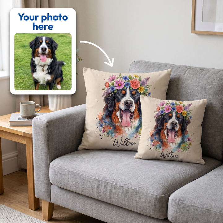 Your photo here - your pet's photo turned into a Flower Crown portrait on a personalised cushion