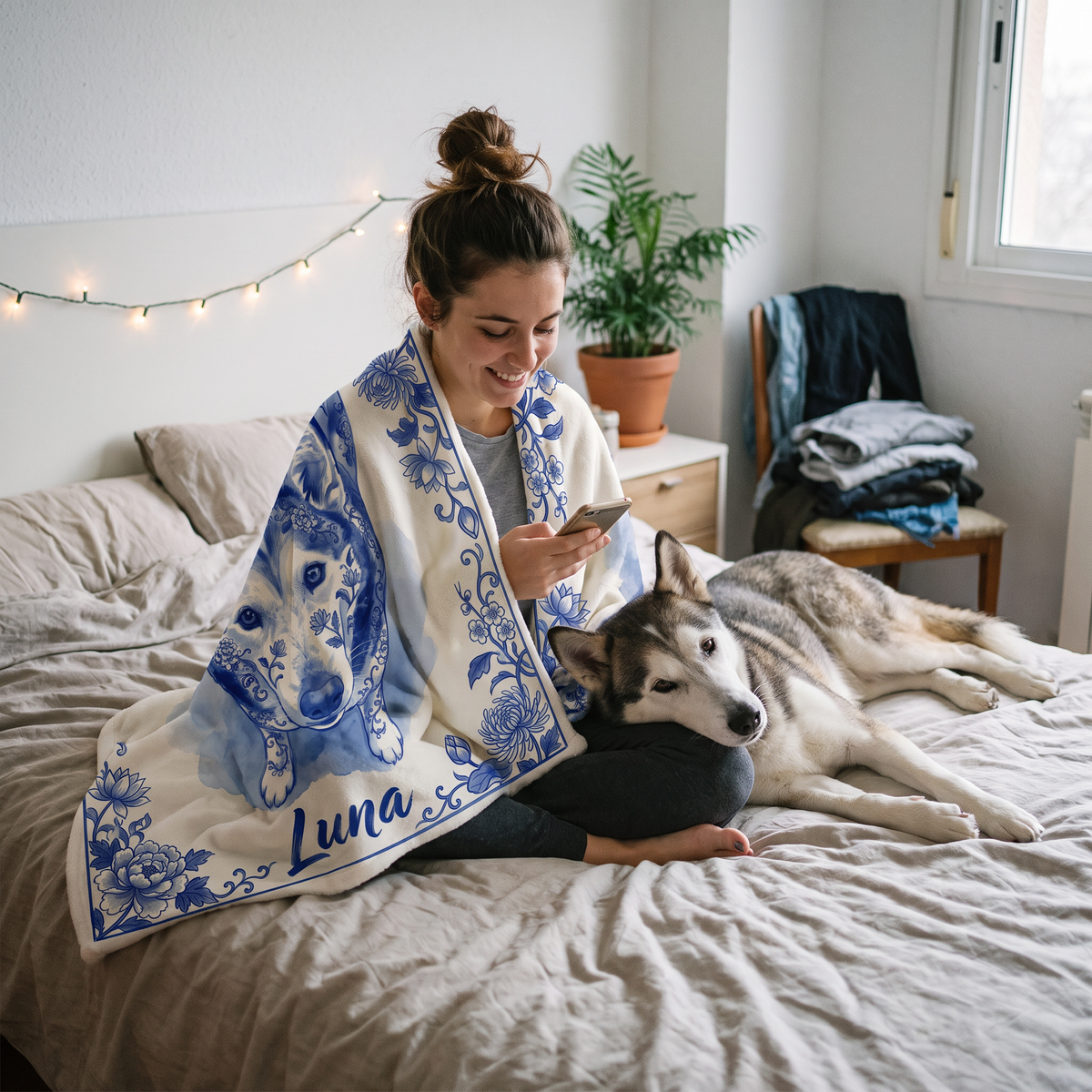 Young woman wrapped in a husky portrait blanket on her bed with her husky