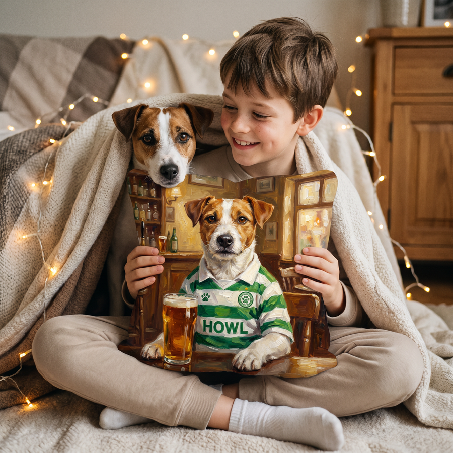 Celtick pet portrait cushion 26cm x 26cm being enjoyed at home