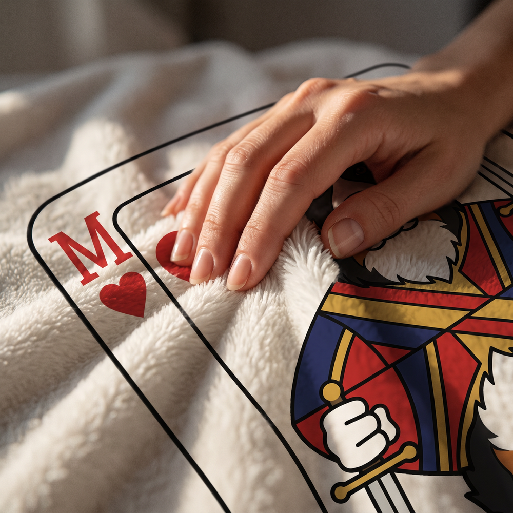 Close up of a hand on the ultra soft plush fleece showing the Playing Card print
