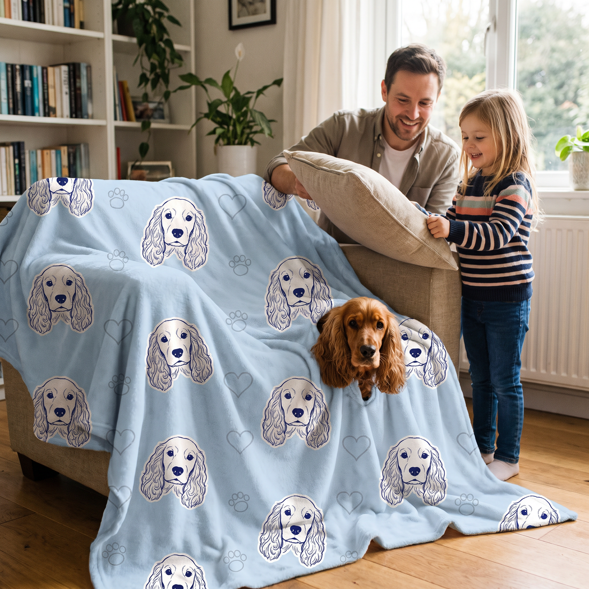 Sketch Line Pattern pet portrait fleece blanket in a cosy lifestyle setting