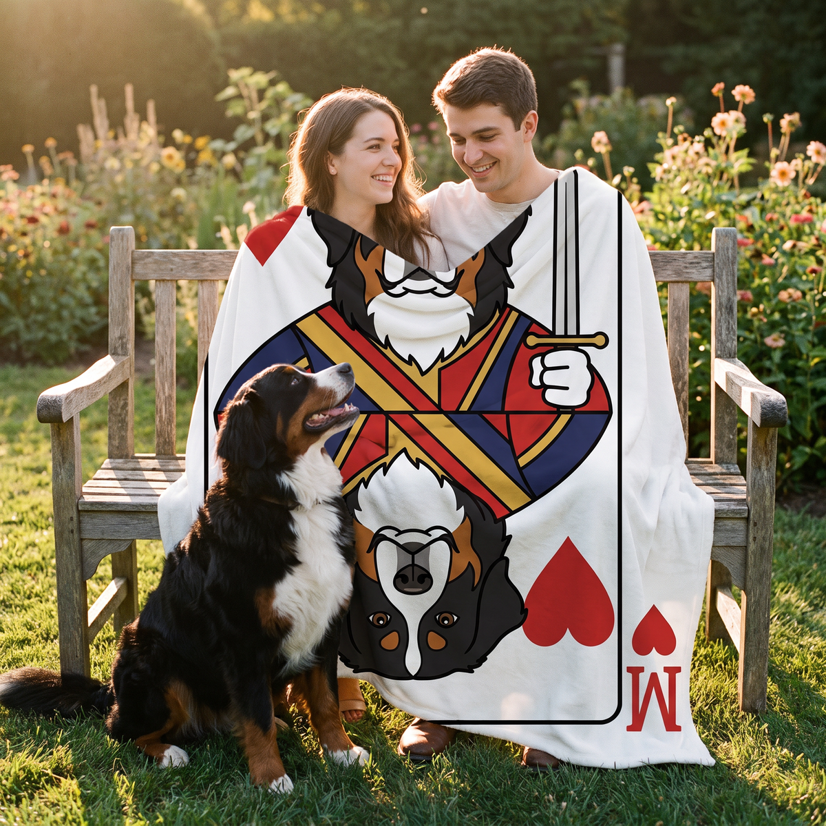 Playing Card pet portrait king size fleece throw being enjoyed