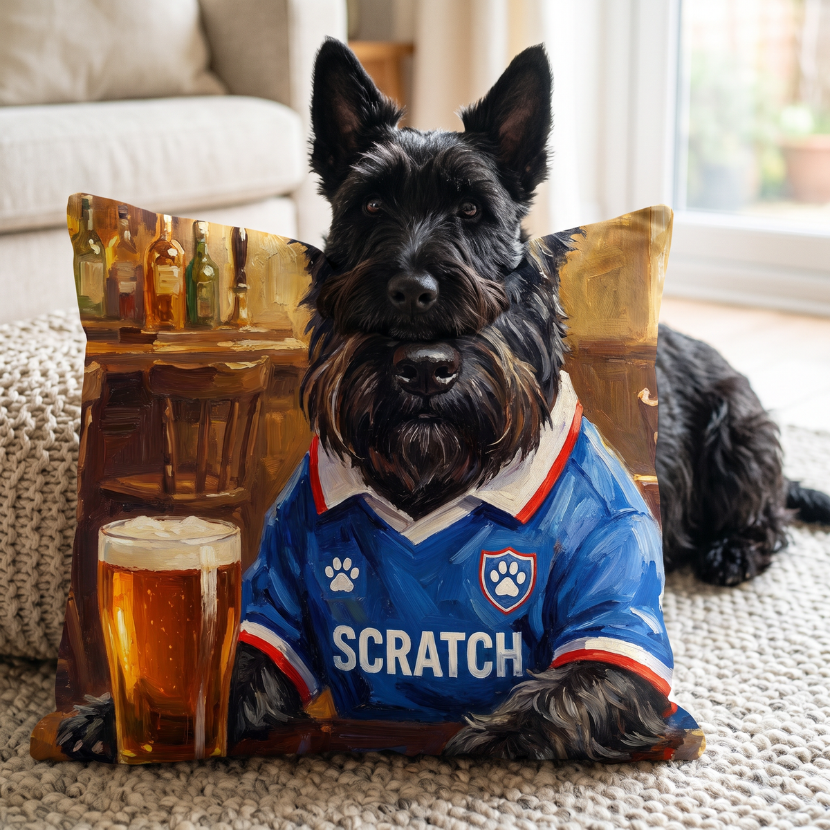 Glasgow Wrangers personalised pet cushion with the real pet