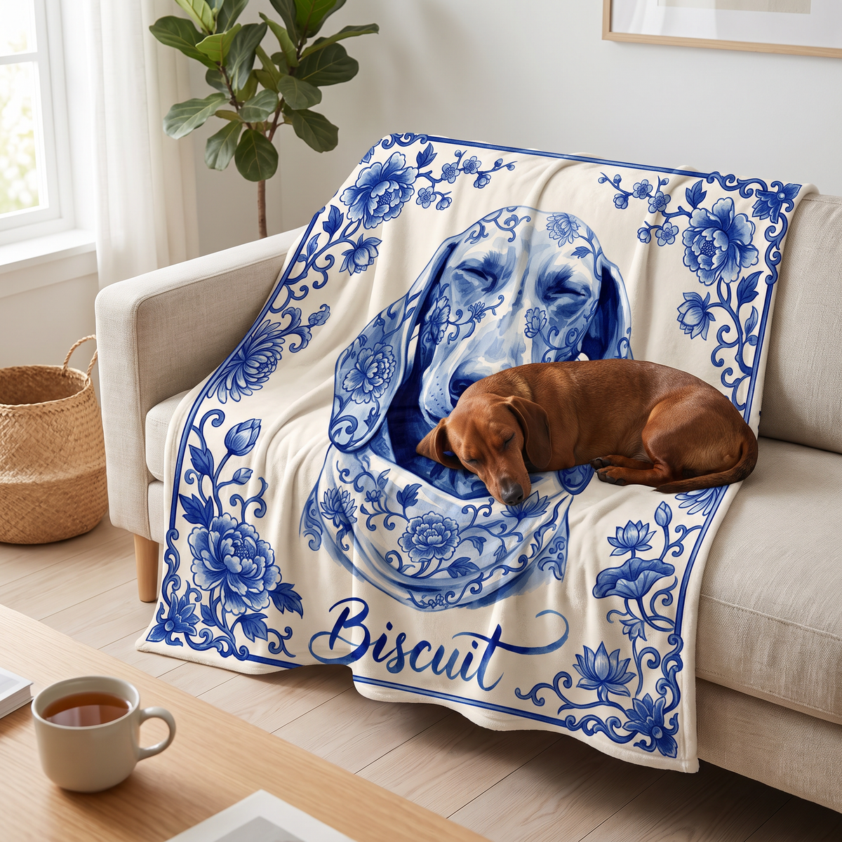 Blue and white porcelain dachshund portrait blanket on a sofa with the dog asleep on it