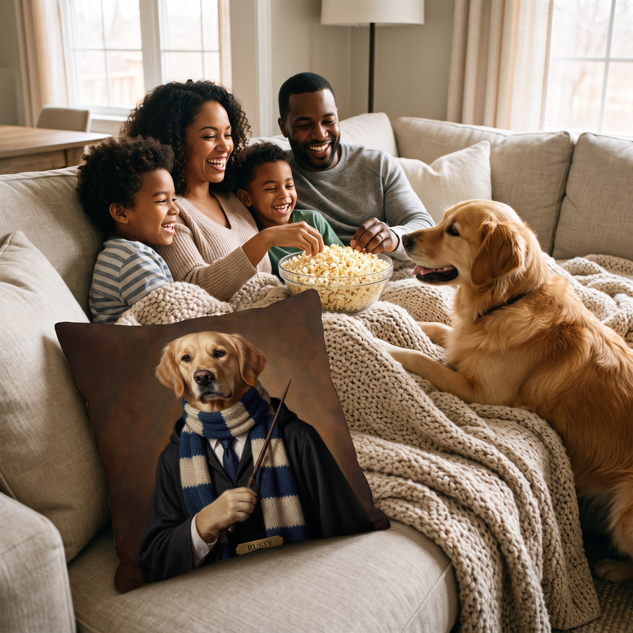 Wizard School pet portrait cushion 45cm x 45cm in a family home with the real pet