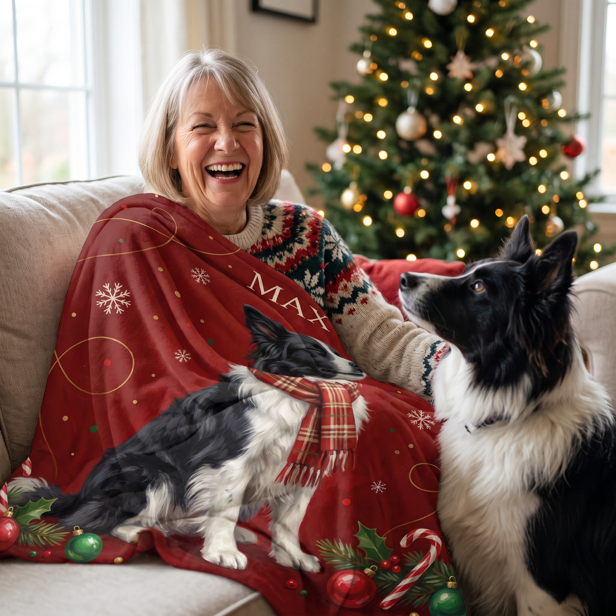 Christmas Tartan Scarf pet portrait king size fleece throw being enjoyed