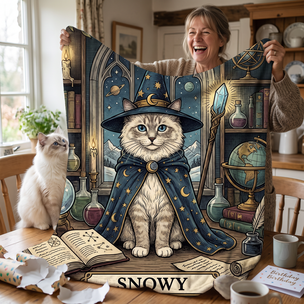 Tarot Card pet portrait king size fleece throw being enjoyed