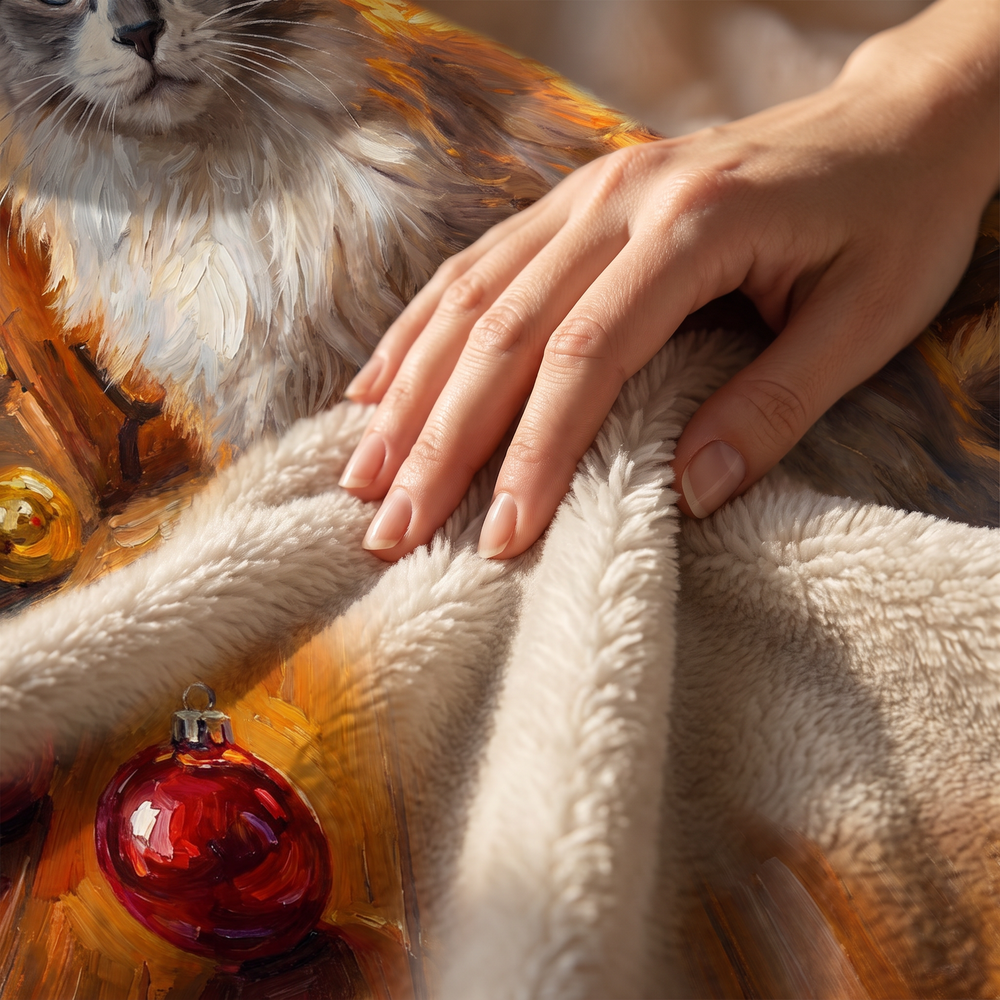 Close up of a hand on the ultra soft plush fleece showing the Christmas Fireside print