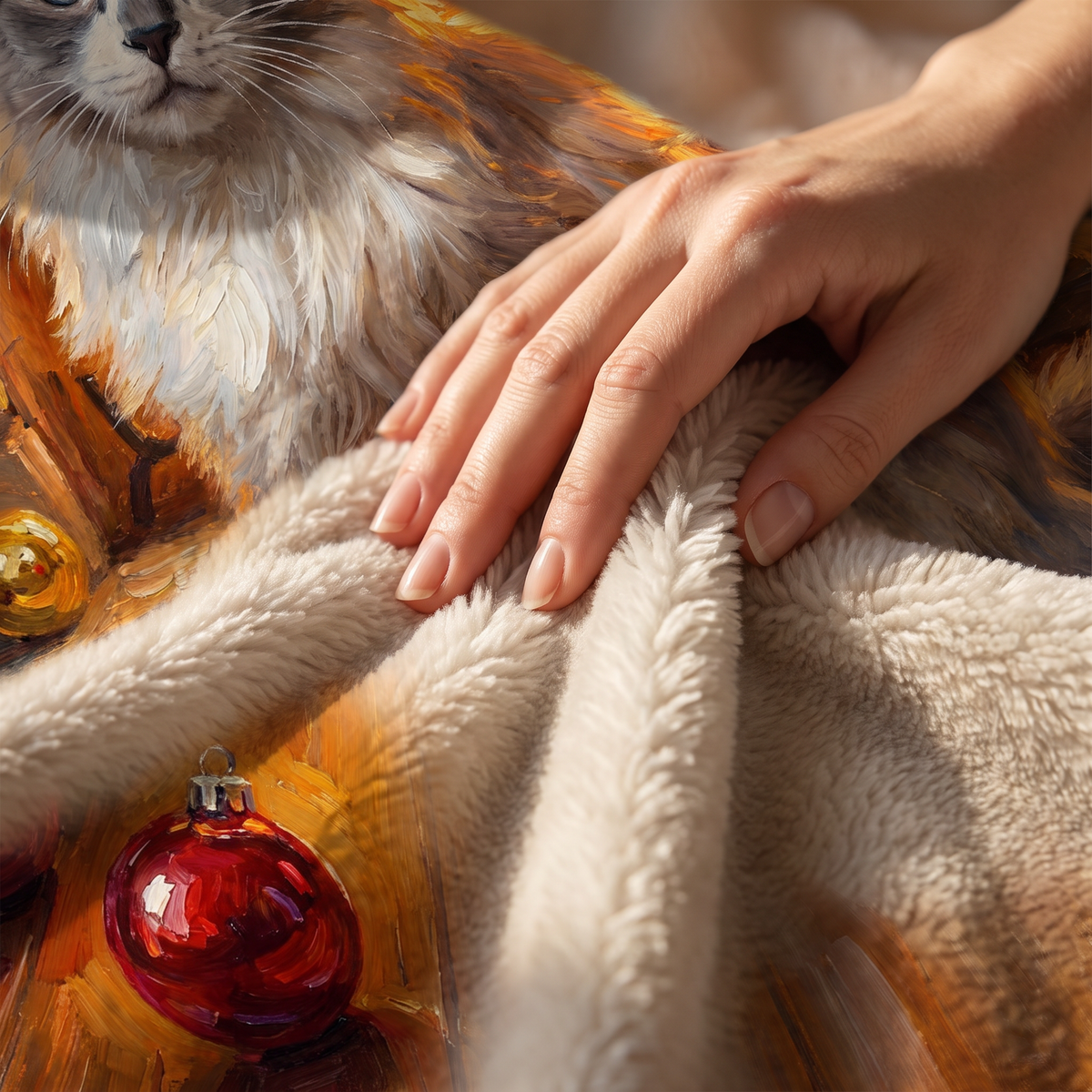 Close up of a hand on the ultra soft plush fleece showing the Christmas Fireside print