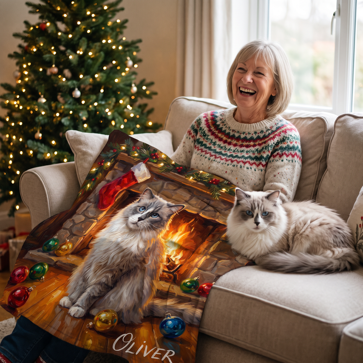 Christmas Fireside pet portrait king size fleece throw being enjoyed